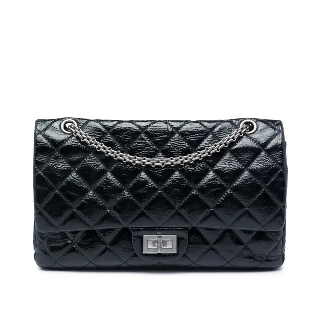 Black Chanel Quilted Crinkled Patent Reissue 2.55 Double Flap 227 Shoulder Bag in Black Patent leather from Designer Revival