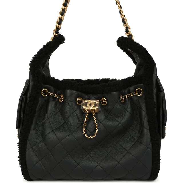 Chanel Small 25 Hobo Bag Black Crumpled Sheepskin and Shearling Antique Gold Hardware in Black Leather from Madison Avenue Couture