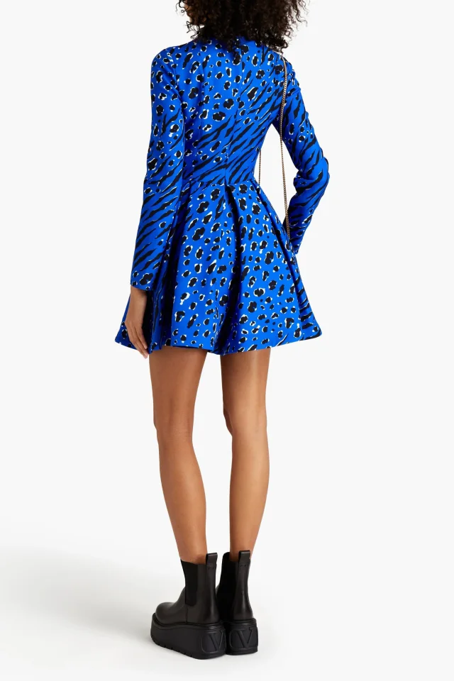 Valentino Garavani Pleated Printed Wool and Silk-Blend Crepe Mini Dress in Blue, photo 3 of 4 from THE OUTNET