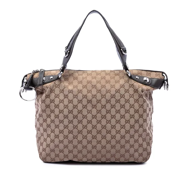 Beige Gucci GG Canvas Icon Bit Satchel in Beige Canvas from Designer Revival