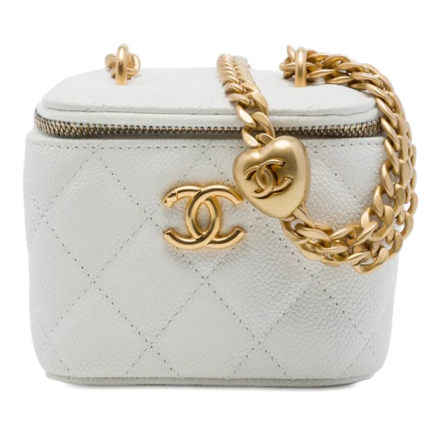 White Chanel Mini Quilted Caviar CC Sweetheart Vanity Case with Chain Crossbody Bag in White Caviar leather from Designer Revival