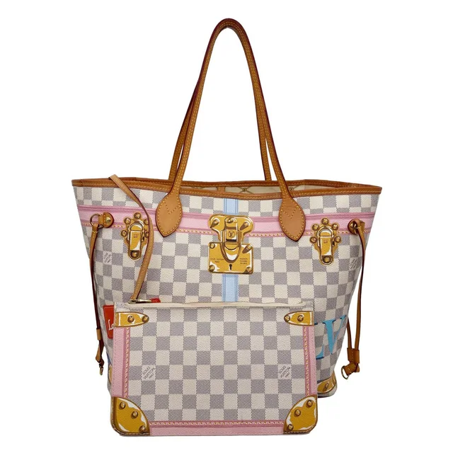 Louis Vuitton Neverfull MM Summer Trunks Damier Azur Tote Bag White in White Canvas from Dallas Designer Handbags