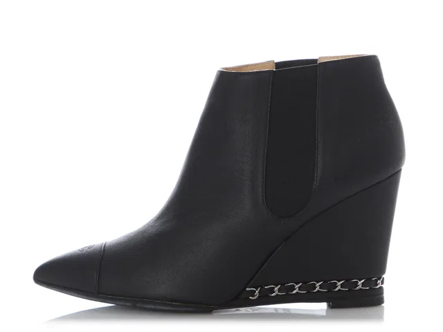Chanel Black Chain Wedge Booties in Black Leather from Ann's Fabulous Finds