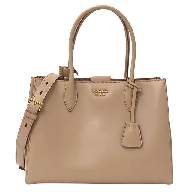 Prada Tote Shoulder Bag 2-Way Bibliotheque Leather Pink Beige Logo in Beige Leather from The Reluxe