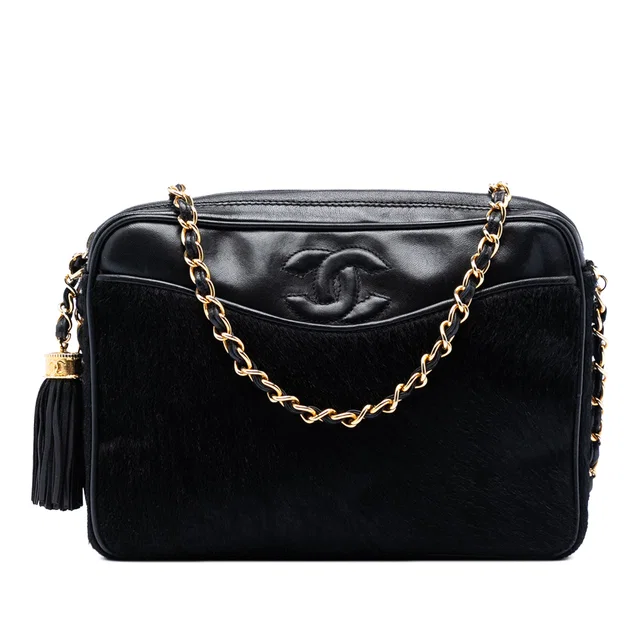 Black Chanel CC Ponyhair and Leather Tassel Camera Bag in Black Leather from Designer Revival