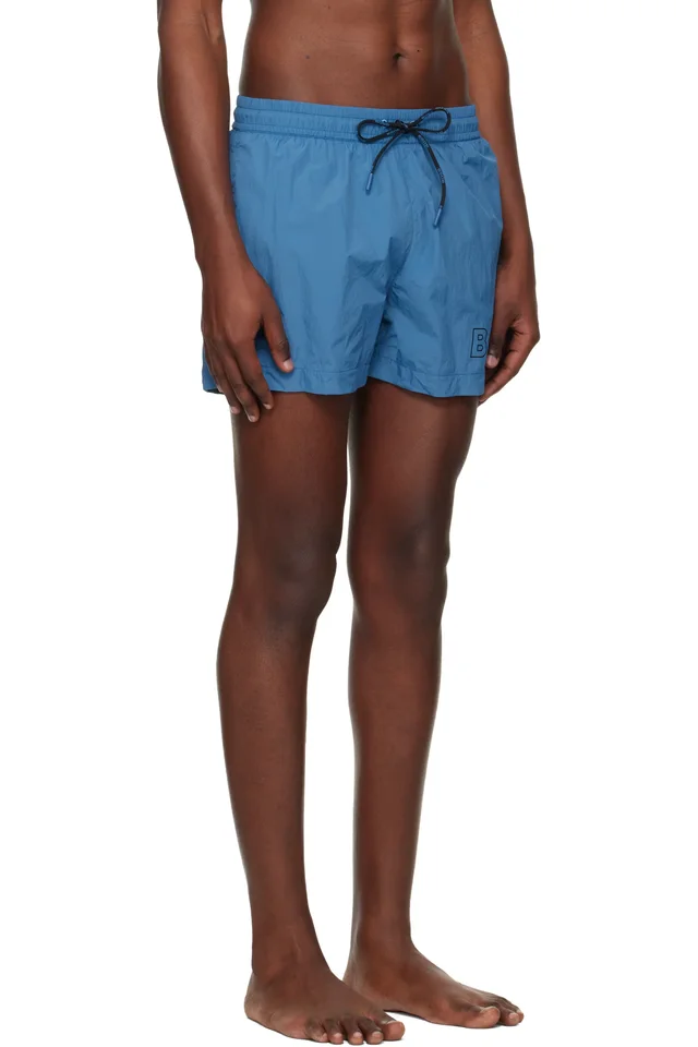 BOSS Blue Outline Logo Print Swim Shorts, photo 2 of 3 from SSENSE