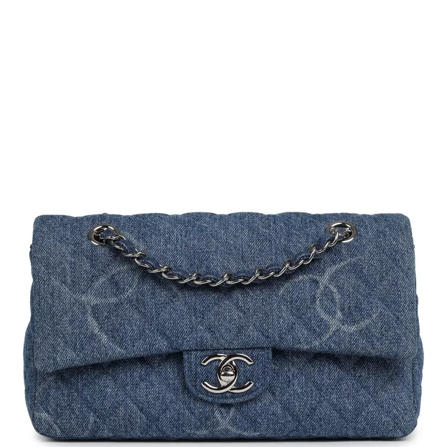 Chanel Medium Classic "CC Printed" Flap Bag Blue Denim Silver Hardware in Blue Denim from Madison Avenue Couture