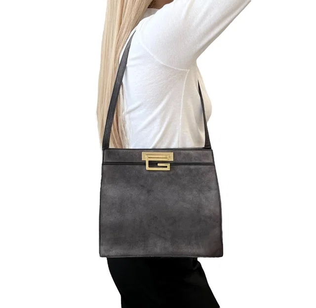 Gucci Vintage G Square Logo Shoulder Bag Gray Gold Suede Leather in Grey Suede from Luxury Promise