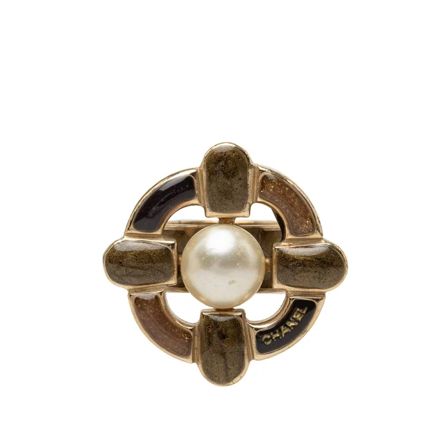 Gold Chanel Gold Plated Logo and Enamel Floral Faux Pearl Ring in Gold from Designer Revival