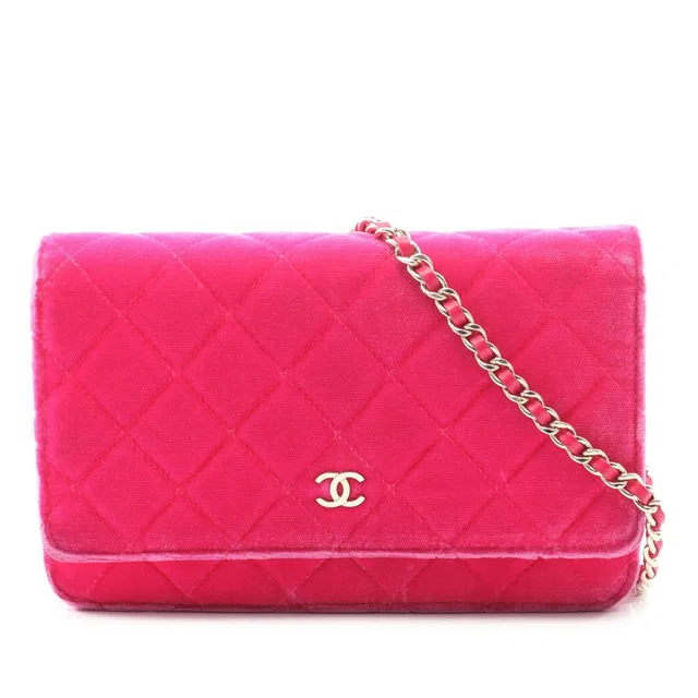 Pink Chanel CC Quilted Velvet Wallet on Chain Crossbody Bag in Pink Velvet from Designer Revival