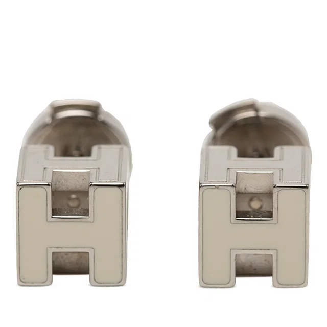 Silver Hermès Palladium Plated and Enamel Cage D H Push Back Earrings in Silver from Designer Revival