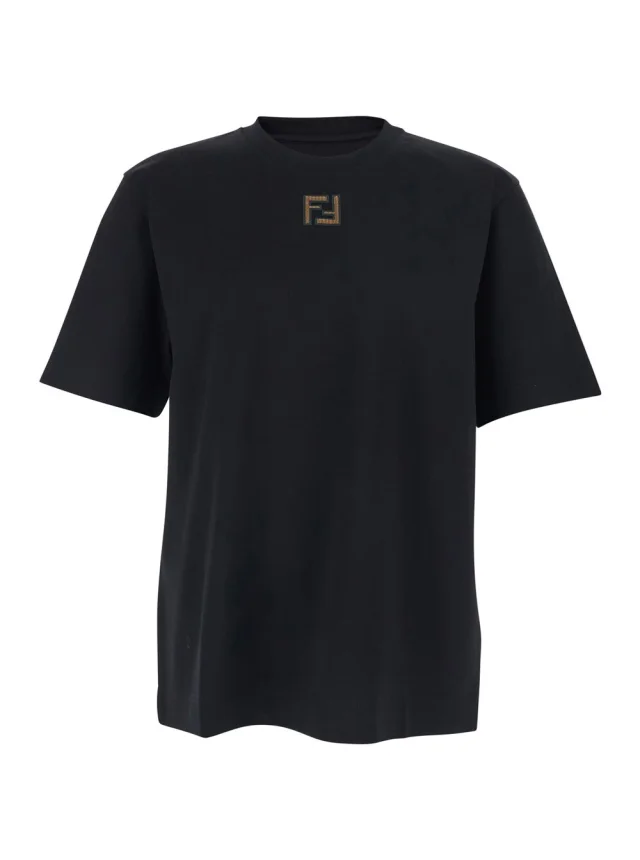 Black Crew Neck T-Shirt with FF Embroidery on the Front in Cotton for Men in Black, image 1 of 1 from Gaudenzi Boutique