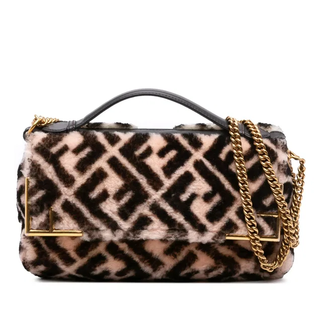 Brown Fendi Zucca Shearling Double F Baguette Satchel in Brown Leather from Designer Revival