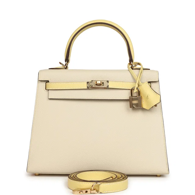 Hermès Special Order (HSS) Kelly Sellier 25 Craie, Jaune Poussin Epsom Gold Hardware in White Epsom leather from Madison Avenue Couture