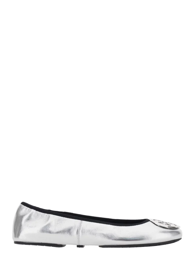 Silver Ballet shoes with Logo Plate on the Front and Elasticized Design in Leather for Women, image 1 of 1 from Gaudenzi Boutique