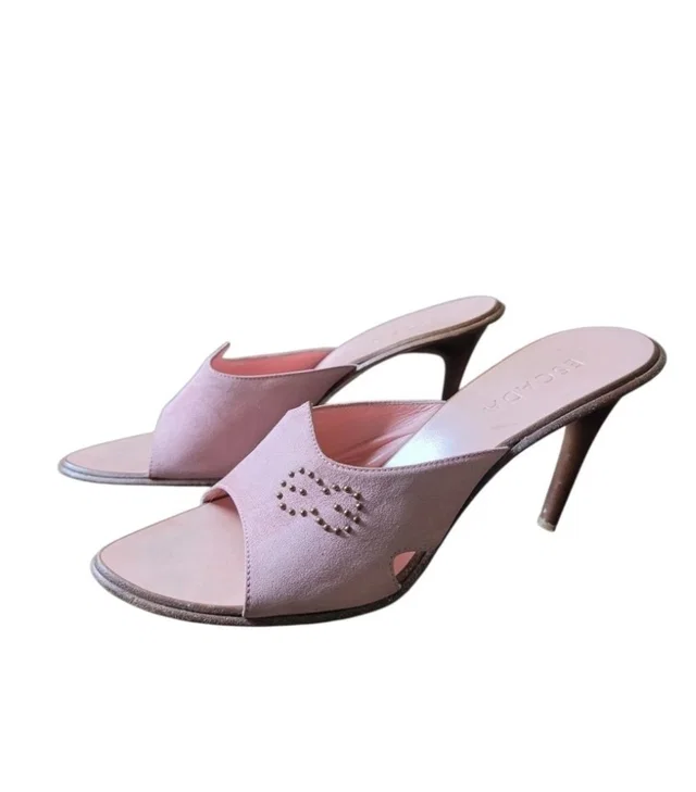 Escada Suede Mule Heels Size 38 Made In Italy Studded Logo Stiletto Y2k in pink Suede from Poshmark