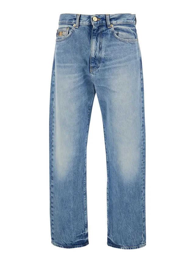 Versace Light Blue Jeans with Logo Patch on the Back and Faded Effect in Denim for Men in 100% Cotton, photo 2 of 6 from Gaudenzi Boutique