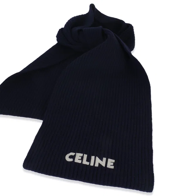 Celine Navy Ribbed Wool Logo Appliqued Scarf Blue Fabric Scarves/wraps in Navy Wool from HEWI