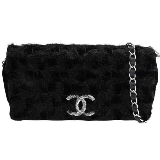 Chanel Circa 2010 Velour Shaggy Combo CC Mark Plate Chain Shoulder Bag Black in Black Velvet from VINTAGE QOO TOKYO