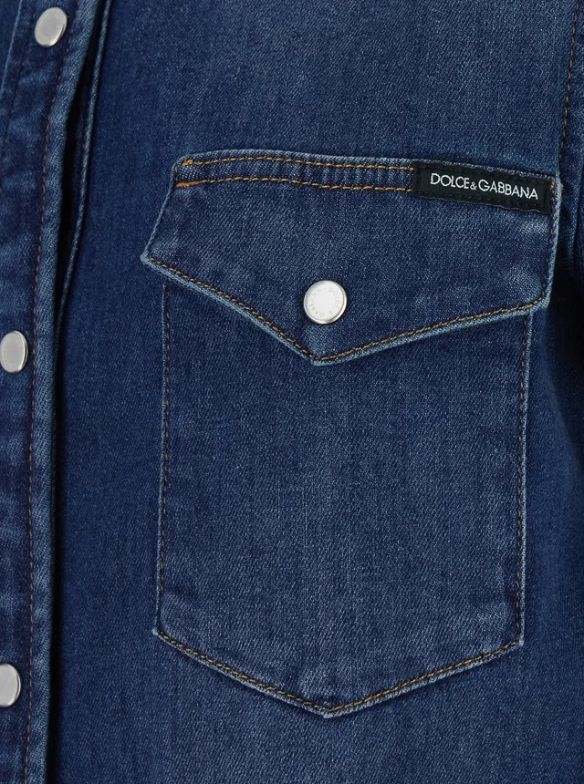 DOLCE E GABBANA blue Shirt with classic collar and metallic logo patch on the back in denim for women in Black, photo 6 of 6 from Gaudenzi Boutique
