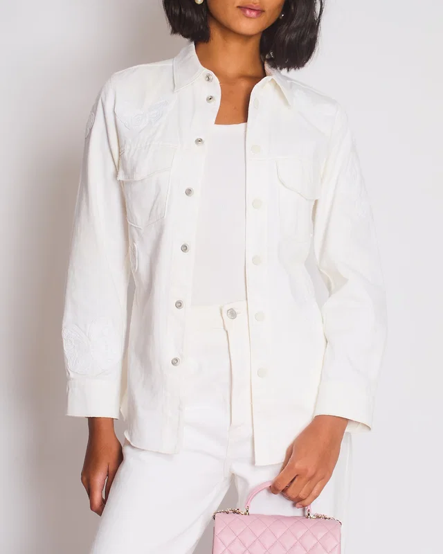 Valentino Garavani Cream Denim Long Sleeve Jacket with Butterfly Embroidery Details Size IT 46 (UK 14) in White Denim from Sellier