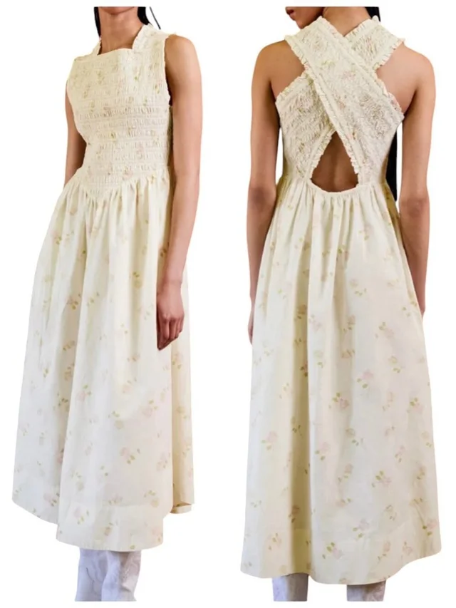 GANNI Smocked Floral Midi Dress Cotton Eu 42 Us 10 12 Open Back in pink from Poshmark