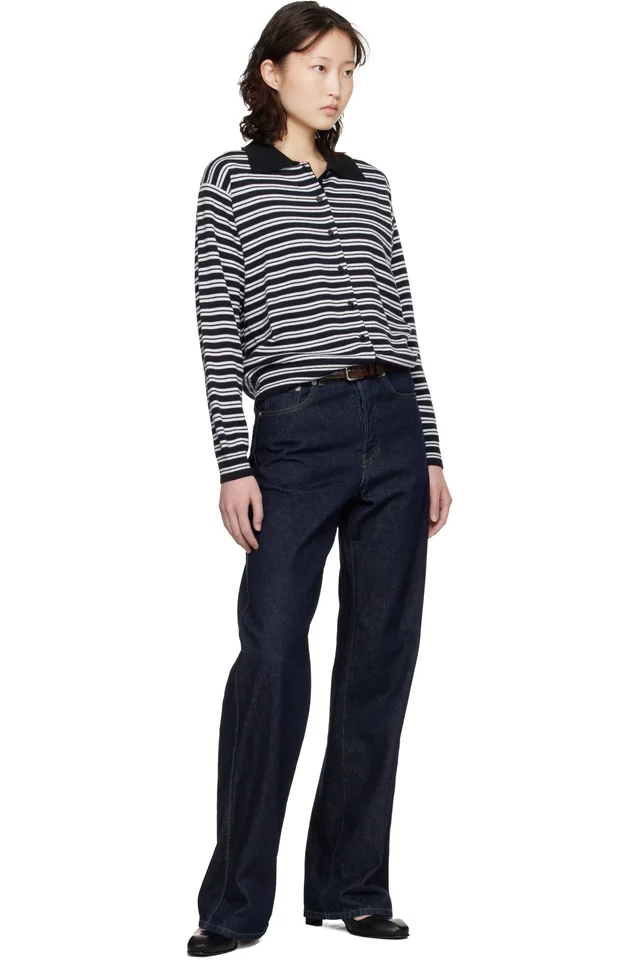 Cordera Black & White Merino Wool Striped Polo Cardigan, photo 4 of 4 from SSENSE