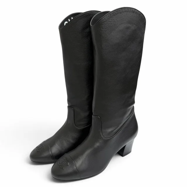 Chanel CC Logo Stitch Middle Leather Boots Jockey Black in Black Leather from The Reluxe