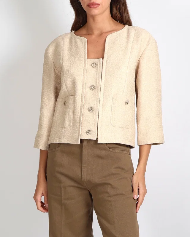 Chanel Cruise 2014 Beige and Metallic Gold Jacket with Gold CC Logo Buttons Size FR 42 (UK 14) in Beige Silk from Sellier