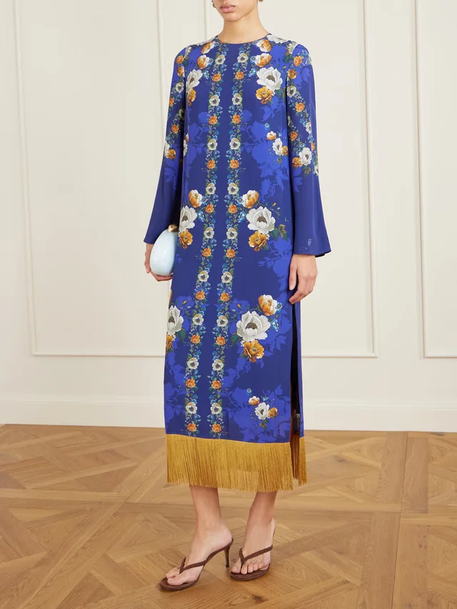 BORGO DE NOR Fringed floral-print satin-crepe maxi dress in Blue, photo 2 of 2 from NET-A-PORTER (Canada)