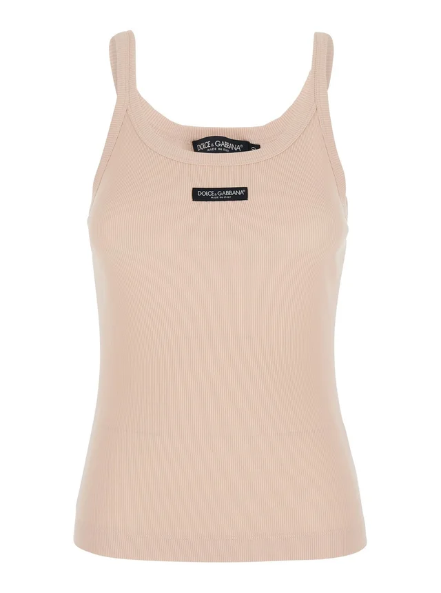 DOLCE E GABBANA Pink Sleeveless Top with Round Neck and Logo Patch on the Front in Cotton for Women in Pink, photo 2 of 6 from Gaudenzi Boutique