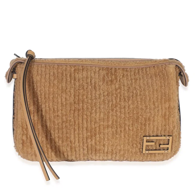 Fendi Miele Scuro Shearling Vitello Medium Simply Shoulder Bag Brown Fabric Handbag in Brown Suede from HEWI