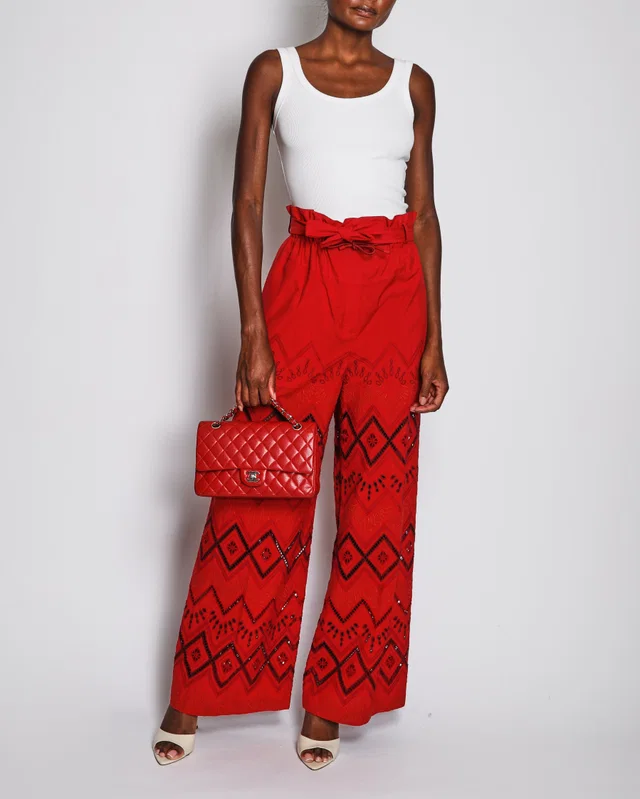 Hermès Red Palazzo Trousers with Bohemian Embroidery and Cut Out Detail Size FR 36 (UK 8) in Red from Sellier