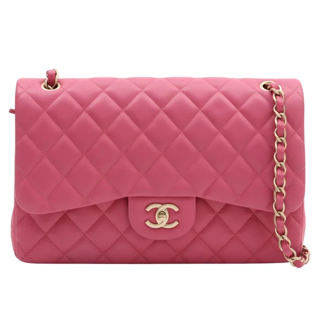Chanel Classic Flap Chain Bag 30cm Pink, made around 2014 in Pink Lambskin from VINTAGE QOO TOKYO