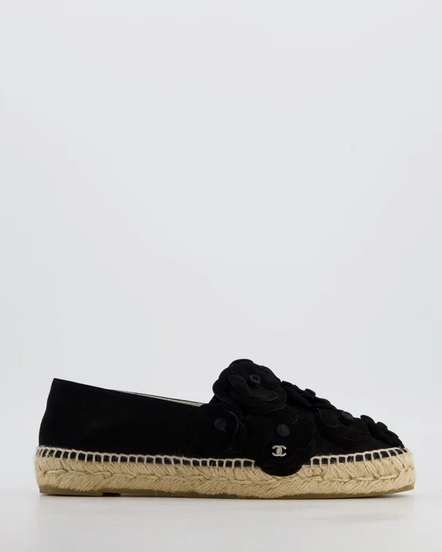 Chanel Black Suede Camellia Espadrilles with CC Logo Detail Size EU 38 in Black Suede from Sellier