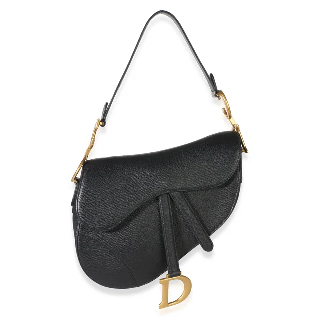 Dior Black Grained Calfskin Medium Saddle Bag in Black Caviar leather from myGemma