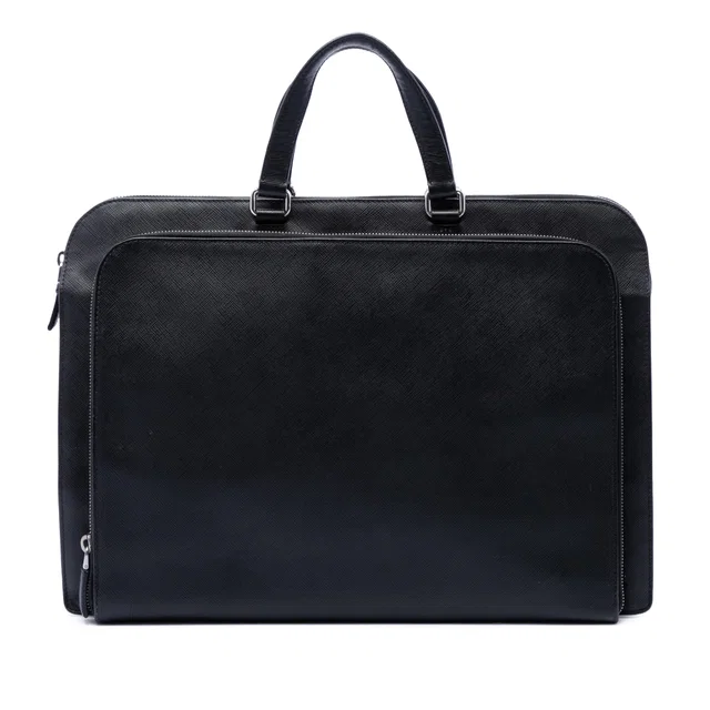 Black Prada Saffiano Cuir Travel Front Zip Pocket Briefcase Business Bag in Black Saffiano leather from Designer Revival