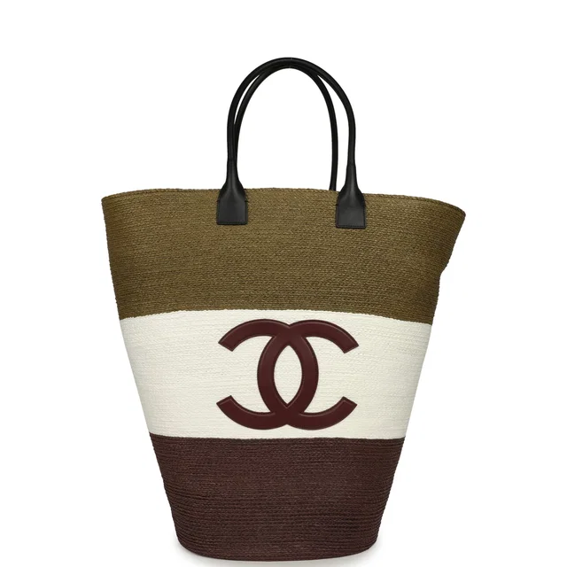 Chanel Maxi Coco Beach Large Shopping Bag Khaki, White, Brown Raffia and Black Calfskin in Black Calfskin from Madison Avenue Couture