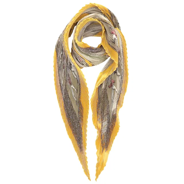 Hermès PLAISIRS DU FROID Pattern Pleated Scarf Yellow in Yellow Silk from VINTAGE QOO TOKYO