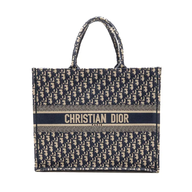 Large Book Tote Blue Dior Oblique Embroidery in Blue Canvas from EMIER