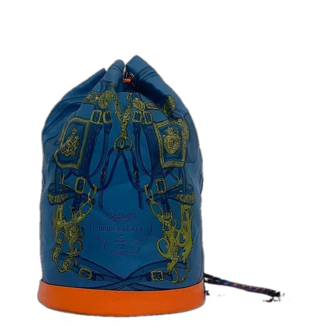 Hermès Drawstring Bag Soiree 22 Blue Brides de Gala in Blue Silk from The Reluxe