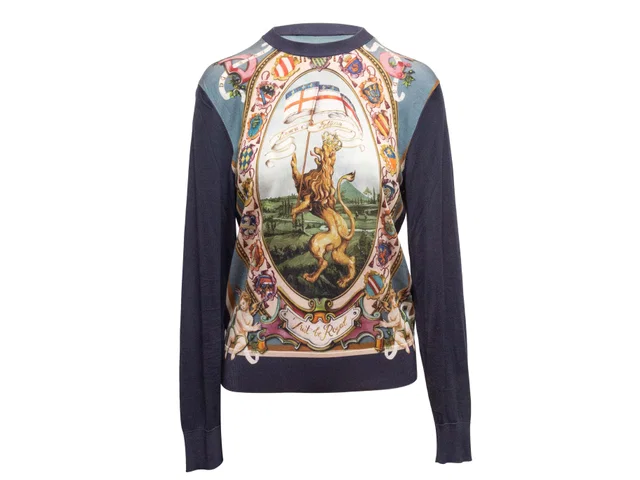 Navy & Multicolor Dolce & Gabbana Lion & Cherub Motif Printed Sweater Size US S in Navy from Designer Revival