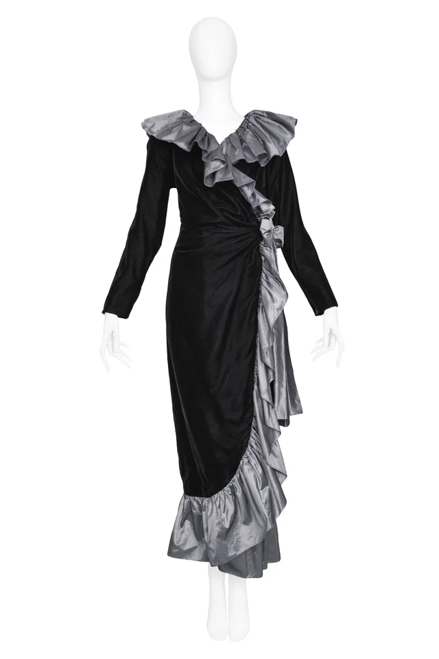 Saint Laurent Black Velvet & Silver Taffeta Ruffle Gown in Black Velvet from Resurrection Vintage