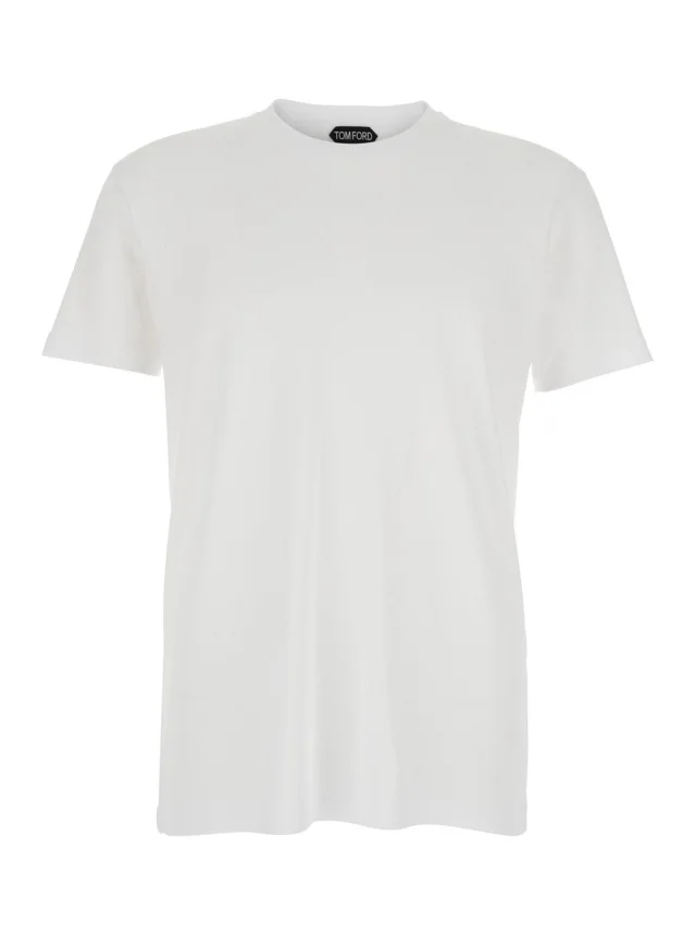 Tom ford White Crew Neck T-Shirt with Logo Embroidery on the Front and Perforated Design in Cotton for Men in White 100% Cotton, image 1 of 1 from Gaudenzi Boutique