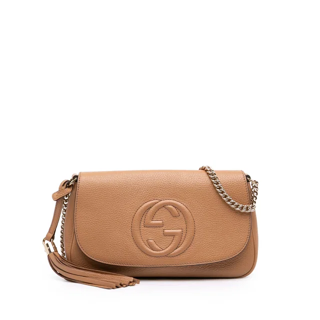 Brown Gucci Medium Calfskin Soho Chain Flap Crossbody in Brown Calfskin from Designer Revival