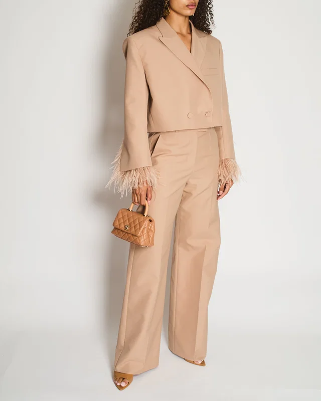 Valentino Garavani Beige Sand Feather Cuff Cropped Blazer and Trousers Set Size IT 42 (UK 10) in Beige from Sellier