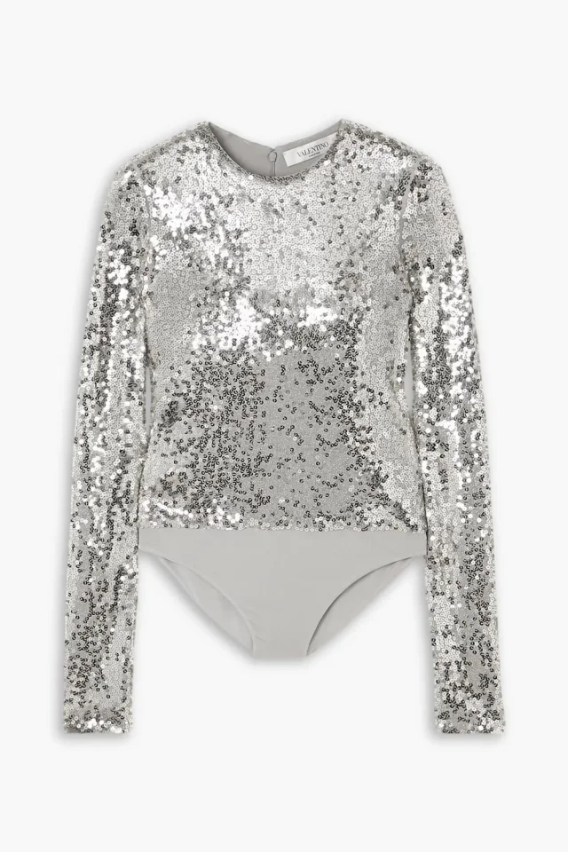 Valentino Garavani Sequined Jersey Bodysuit in Silver, photo 5 of 8 from THE OUTNET