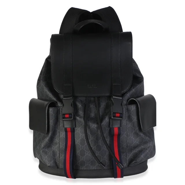 Gucci Black Soft GG Supreme Canvas Calfskin Web Double Buckle Backpack in Black Calfskin from myGemma