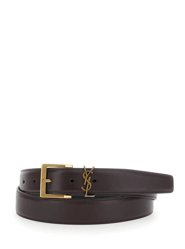Saint Laurent Cassandre Plate Leather Belt — Brown in Brown Leather from HEWI