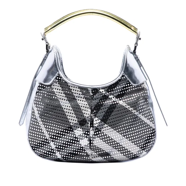Silver Burberry Metallic Patent and Beat Check Nylon Brooklyn Hobo in Silver Patent leather from Designer Revival